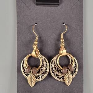 Boho Dangle Earrings Leaf Charm Brown Beads Antique Gold Tone 1.98" Drop